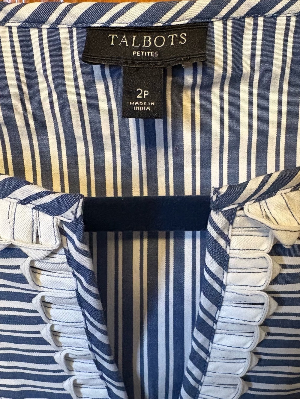 Talbots Petite Blue White Stripe Ruffle Sleeveless Top Coastal Preppy 2P - Picture 2 of 7